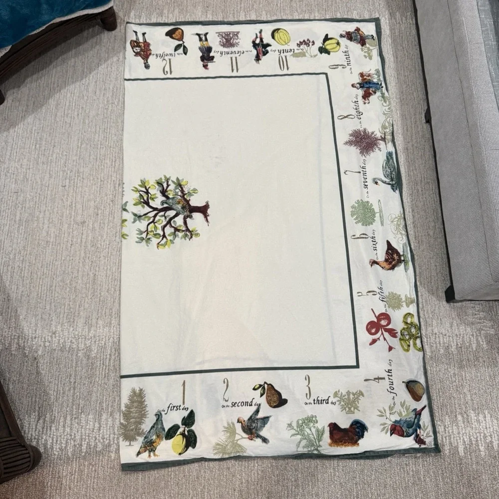 Williams Sonoma 12 Days of Christmas Tablecloth Retired Green Border 67x80